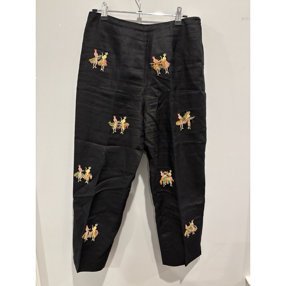 Cj Laing Hamptons linen black pants embroidered hula girls sz 8